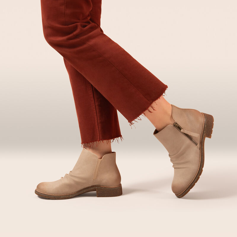 taupe weather-friendly rushed ankle boot on foot